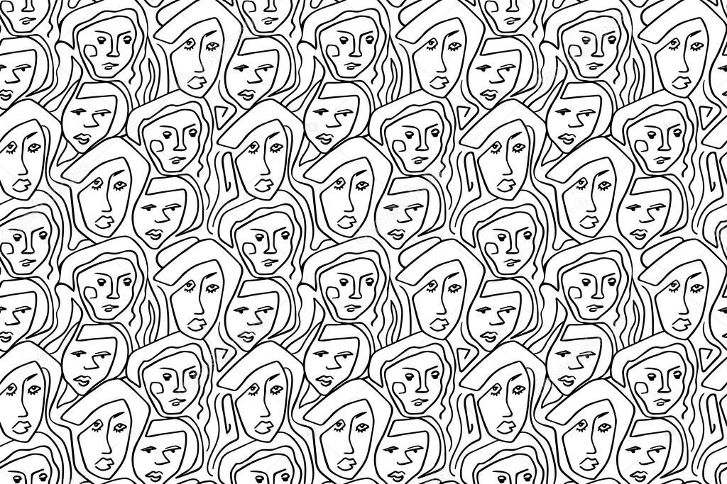 Illustration hand drawing abstract line seamless pattern woman. Black lines on white background. Doodle style.