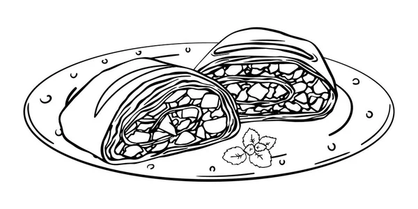 Illustration two slices Viennese apple strudel black outline isolated on white background. Sketch doodle style.