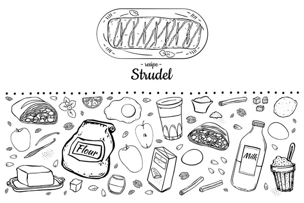Illustration Set Items Making Viennese Traditional Strudel Black Outline Ingredients — Stock Vector