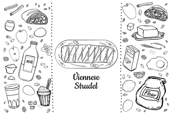 Illustration set of items for making Viennese traditional strudel. Black outline ingredients isolated on white background. Hand drawing doodle style.
