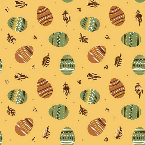 Illustration Seamless Pattern Painted Eggs Yellow Background Decorative Feathers Easter — Stock Vector