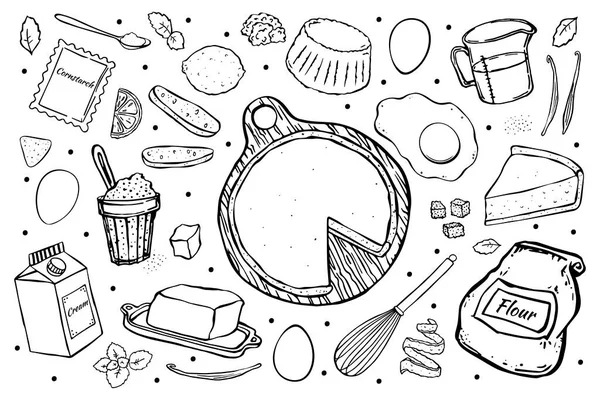 Illustration Käsekuchen und Zutaten zum Kochen isoliert auf weißem Hintergrund. — Stockvektor