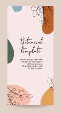 Minimalist davetiye kartı şablonu tasarımı, çiçekli siyah çizgi çizimi. Botanik tarzı. Açık arkaplan üzerinde siyah çizgi ve renkli geometrik şekiller.