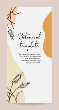 Minimalist davetiye kartı şablonu tasarımı, çiçekli siyah çizgi çizimi. Botanik tarzı. Açık arkaplan üzerinde siyah çizgi ve renkli geometrik şekiller.