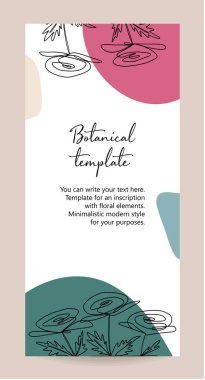 Minimalist davetiye şablonu, güller, hayvanlar. Çiçekli siyah çizgi çizimi. Botanik tarzı. Açık arkaplan üzerinde siyah çizgi ve renkli geometrik şekiller.