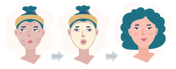 Illustrazione diagramma dell'applicazione di una maschera o di un prodotto cosmetico per il viso. Bella ragazza sta facendo la procedura. — Vettoriale Stock