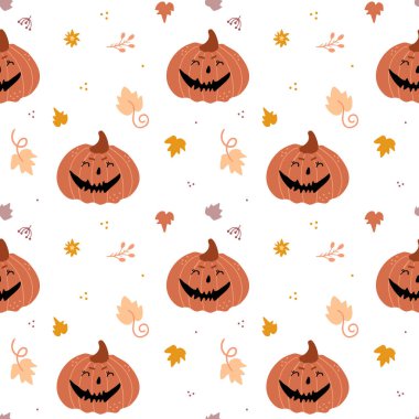 Balkabağı desenli kusursuz bir resim. Beyaz arka planda komik yüzleri olan şenlikli balkabakları. Yapraklar ve dekor ögeleri.