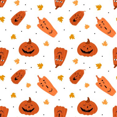 Balkabağı desenli kusursuz bir resim. Beyaz arka planda komik yüzleri olan şenlikli balkabakları. Yapraklar ve dekor ögeleri.