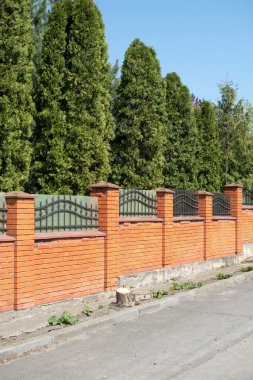 Thujalar ve tuğla çitler gökyüzüne karşı