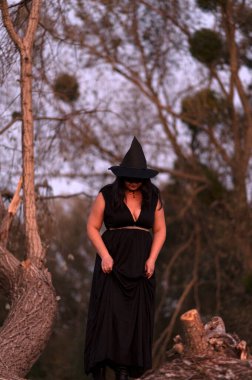 Ormanda siyah elbiseli bir cadı.