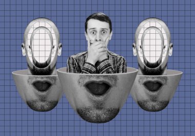 İçinde elleri ile gözlerini kapatan bir adam olan bir adamın kafasıyla sürrealist bir kolaj.