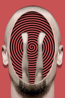 İçinde plastik manken bacakları olan bir erkek kafası kolajı.