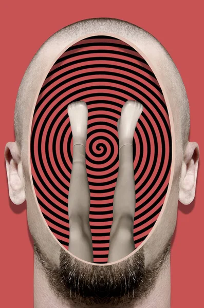 İçinde plastik manken bacakları olan bir erkek kafası kolajı.