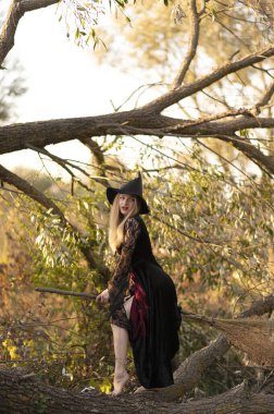 Ormanda siyah elbiseli bir cadı.