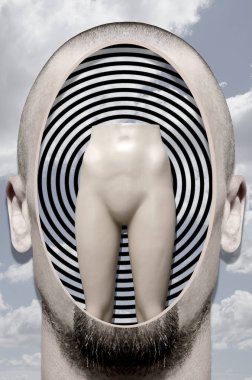 Bir adamın kafasıyla sürrealizm tarzında dijital kolaj.