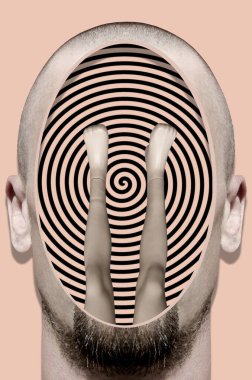 Bir adamın kafasıyla sürrealizm tarzında dijital kolaj.