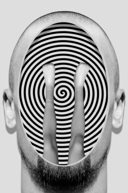 İçinde manken bacakları olan bir adamın kafasıyla sürrealizm tarzında kolaj.