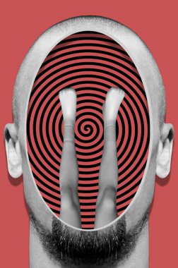 İçinde manken bacakları olan bir adamın kafasıyla sürrealizm tarzında kolaj.