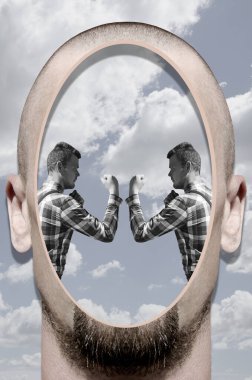 Gerçeküstücülük tarzında bir kolaj kafa ve dövüş pozisyonunda bir adam