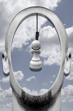 Gerçeküstücülük tarzında bir ollage, insan kafası ve ipe bağlı bir piyon.