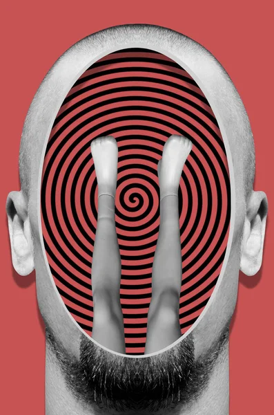 İçinde manken bacakları olan bir adamın kafasıyla sürrealizm tarzında kolaj.