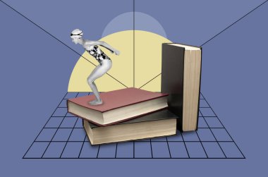 Mayolu genç bir kadının kolajı kitap yığınından atlamaya hazırlanıyor.