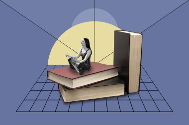 Bir yığın kitap üzerinde meditasyon yapan bir kadınla kolaj yapmak.