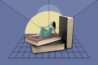 Bir yığın kitabın üzerinde oturan, genç ve çekici bir kadınla kolaj.