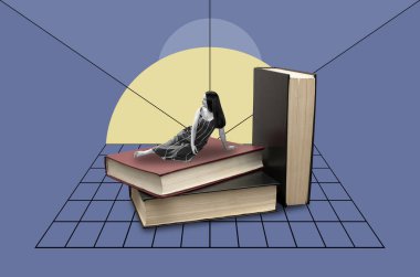 Bir yığın kitabın üzerinde oturan, genç ve çekici bir kadınla kolaj.