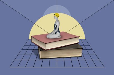 Bir yığın kitabın üzerinde oturan mayolu genç bir kadınla kolaj yapmak.