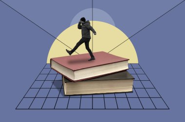 Bir kitap yığınının üzerinde yürüyen bir adamla kolaj.