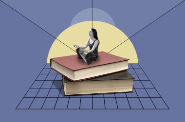Bir yığın kitap üzerinde meditasyon yapan bir kadınla kolaj yapmak.