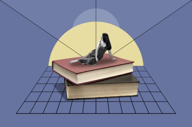 Bir yığın kitabın üzerinde oturan, genç ve çekici bir kadınla kolaj.