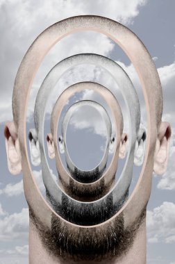 Bir adamın kafasıyla sürrealizm tarzında dijital kolaj.