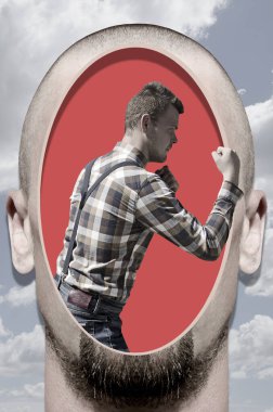 Gerçeküstücülük tarzında dijital kolaj. Kafasında dövüş pozisyonu olan bir adam.