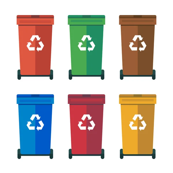 Différents bacs à roue colorés, poubelles, illustration plate de vecteur de déchets de tri — Image vectorielle