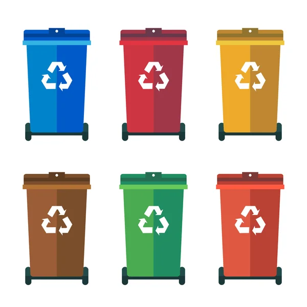 Différents bacs à roue colorés, poubelles, illustration plate de vecteur de déchets de tri — Image vectorielle