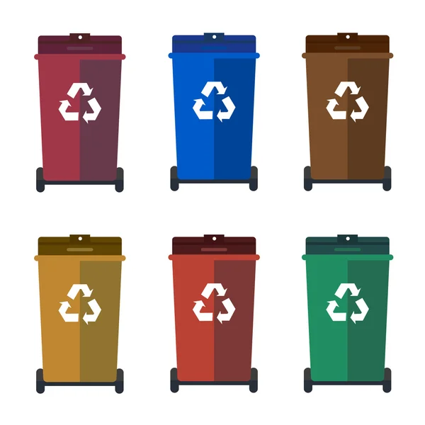 Diferentes caixotes de rodas coloridas, caixotes de lixo, triagem de lixo vetor ilustração plana — Vetor de Stock