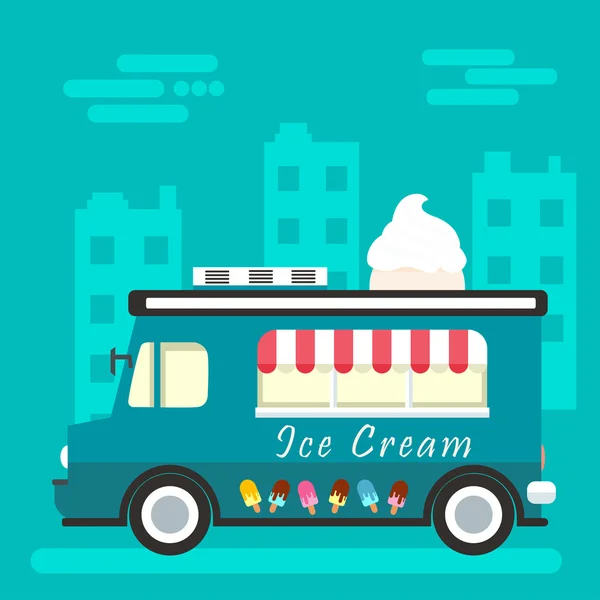 Ilustração de design plano vetorial em caminhão de sorvete simplificado — Vetor de Stock