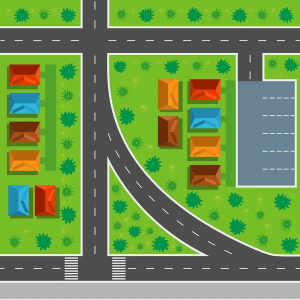 Vue de dessus de la ville motif homogène de rues, routes, maisons et arbres — Image vectorielle