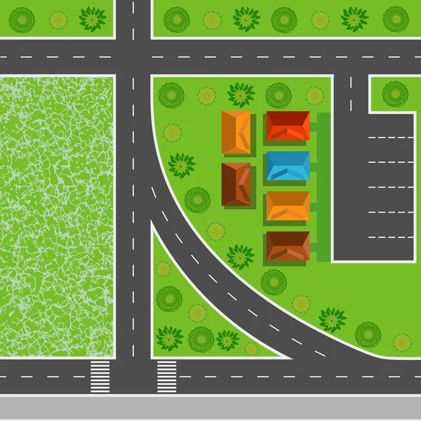 Vue de dessus de la ville motif homogène de rues, routes, maisons et arbres — Image vectorielle