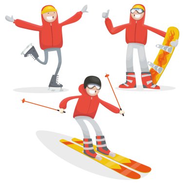 Kış sporları. Kayakçı, patenci ve snowboard. Vektör halat kümesi