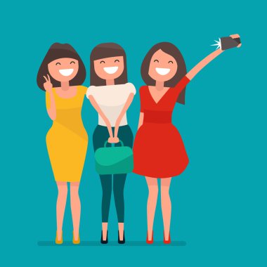 Selfie üç genç kız vektör çizim içinde düz bir tasarım vurdu