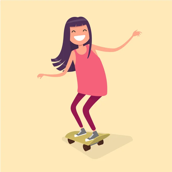 Menina montando em um skate ilustração vetorial em um design plano — Vetor de Stock