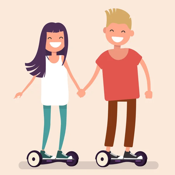 Jongen en meisje rijden een Segway, een elektrische scooter Vector illustrat — Stockvector