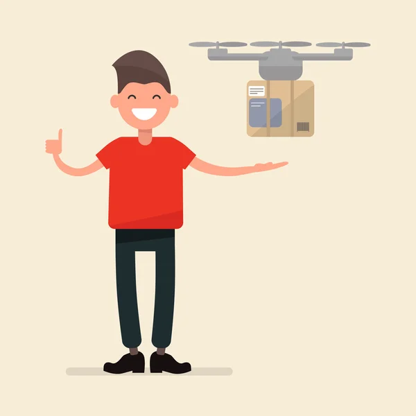 Tipo recibe un paquete del dron el concepto de entrega de paquetes — Archivo Imágenes Vectoriales