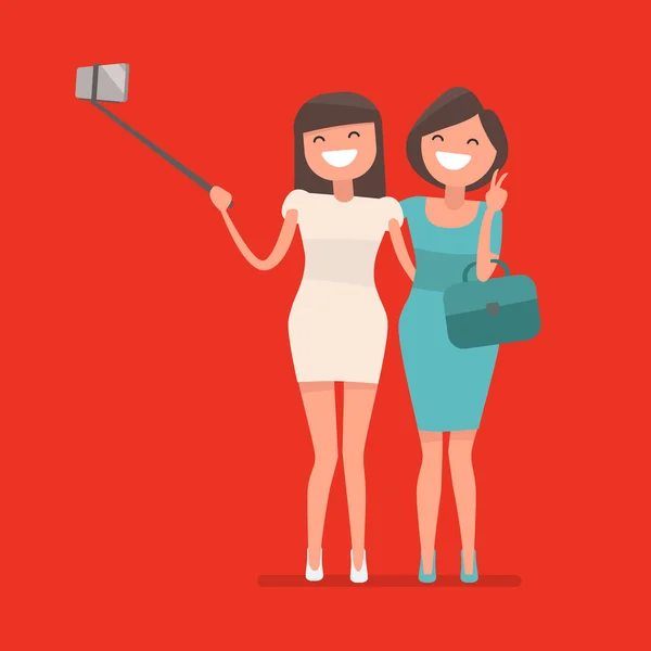 Selfie tiro de duas meninas por um vara selfie ilustração vetorial — Vetor de Stock