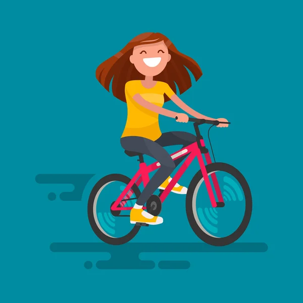 Menina feliz andando de bicicleta. Ilustração vetorial — Vetor de Stock