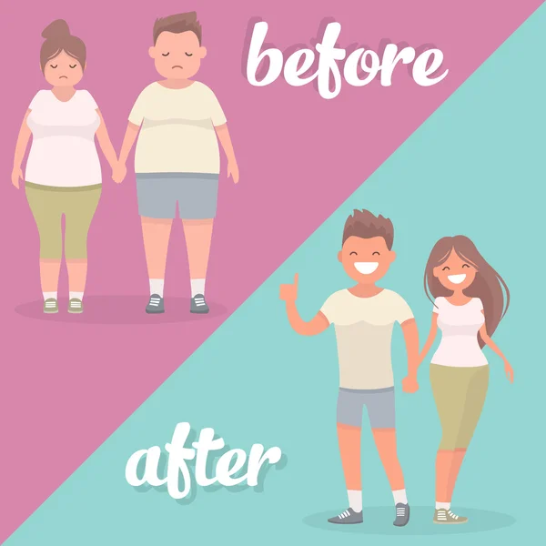 Hombre y una mujer antes y después de la pérdida de exceso de peso — Vector de stock