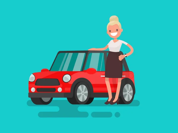 Giirl ao lado de um pequeno carro vermelho. Ilustração vetorial — Vetor de Stock